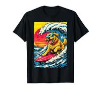 Surf Golden Retriever Riding Wave Chien Surfeur Coucher de Soleil Plage T-Shirt