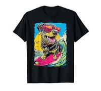 Surf Rottweiler Riding Wave Dog Surfer Retro Sunset Beach T-Shirt