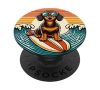 Surf Teckel noir Summer Vibes Ocean Beach Surfer Wave PopSockets PopGrip Interchangeable