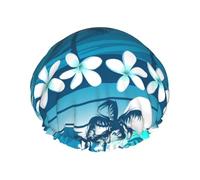 Surf tropical bleu avec des palmiers,Bonnet de douche/bonnet de nuit double couche imperméable et élastique, bonnet de bain réutilisable