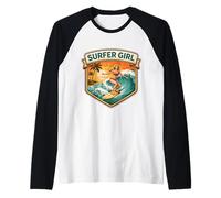 Surfer Girl Woman Surf Vintage Planche de Surf Vagues Océan Mignon Manche Raglan