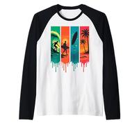 Surfeur Vague Palmiers Coucher de Soleil Style Rétro Coloré Manche Raglan