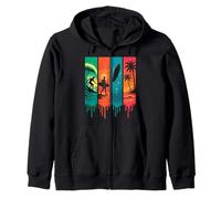 Surfeur Vague Palmiers Coucher de Soleil Style Rétro Coloré Sweat à Capuche