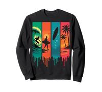 Surfeur Vague Palmiers Coucher de Soleil Style Rétro Coloré Sweatshirt
