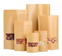 Surflyee Lot de 100 Sachet Craft Alimentaire avec Fenêtre, Sachet Kraft Zip | Emballage Alimentaire Reutilisable, Résistant à L'humidité, Sac Papier Kraft pour les Graines et les Noix (9*14CM)