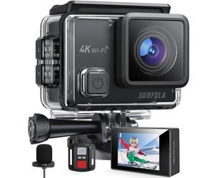 Surfola Caméra Sport 4K 30FPS 20MP Caméscope WiFi, Appareil Photo Étanche 40M, 170°Grand-Angle Webcam avec Microphone Externe, EIS Anti-Vibration, Batterie 2x1050mAh, d'accessoires