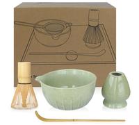 SURFOU Matcha Kit 4 Pièces, Bol en Céramique avec Bec, Fouet à Matcha, Support et Cuillère en Bambou, Coffret Cadeau pour Amateurs de Matcha, Idéal pour le Petit-déjeuner/Latte