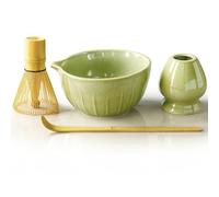 SURFOU Matcha Kit 4 Pièces, Bol en Céramique avec Bec, Fouet à Matcha, Support et Cuillère en Bambou, Coffret Cadeau pour Amateurs de Matcha, Idéal pour le Petit-déjeuner/Latte
