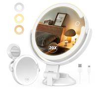 SURFOU Miroir de Maquillage Lumineux Grossissant 1/20X avec Ventouse Forte Ajustable 360° - LEDs Éclairage 3 Modes Tactile Rechargeable 2000mAh - Double Face pour Salle de Bain et Voyage