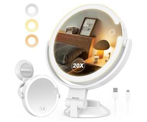 SURFOU Miroir de Maquillage Lumineux Grossissant 1/20X avec Ventouse Forte Ajustable 360° - LEDs Éclairage 3 Modes Tactile Rechargeable 2000mAh - Double Face pour Salle de Bain et Voyage