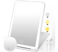 SURFOU Miroir de Maquillage Lumineux Professionnel, 3 Tons de Lumière, Miroir Magnifiant 10X, écran Tactile, Batterie 1000mAh USB Rechargeable - pour Voyage et Maison (Blanc)