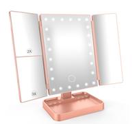 SURFOU Miroir de Maquillage Lumineux Professionnel - Miroir Tripliant Pliable avec 24 LEDs, Grossissement 1X/2X/3X/10X, Écran Tactile, Rotation 180°, Alimentation Double (USB/Batterie) - Or Rose