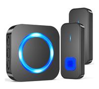 SURFOU Sonnette sans Fil, 400M Sonnette Longue Portée Carillon sans fil Electronique Kit avec Deux Bouton Emetteur Exterieur, 55 Mélodies au 5 Niveaux Volumes pour Maison, Indicateur LED Bleu, Noir