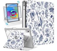 SurgeCraft Étui pour iPad 10e génération 10,9 po 2022, support rotatif à 360 degrés avec porte-crayon pour femmes et filles, jolie coque folio motif floral ligne bleue pour Apple iPad 10{^>e<^}