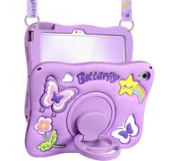 SurgeCraft Étui pour iPad 10e génération, étui pour iPad A16 11e 2025 - Filles mignonnes et mignonnes Kawaii 3D papillon violet design unique avec support rotatif et sangle en silicone souple pour