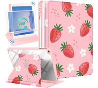 SurgeCraft Étui pour iPad 5e/6e génération, iPad Air 1ère/2e génération, iPad Pro 9,7", support rotatif avec porte-crayon pour femmes et filles, jolie housse folio motif fraise kawaii pour iPad 9,7"