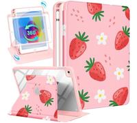 SurgeCraft Étui pour iPad Mini 4/5, support rotatif à 360 degrés avec porte-crayon pour femmes et filles, jolie housse folio Kawaii fraise pour iPad Mini 4e/5e génération, 7,9 pouces