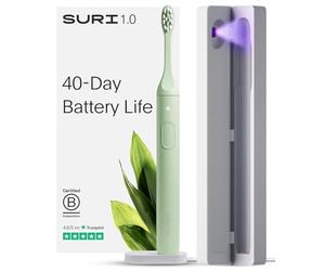 SURI Brosse à dents Sonic durable,Brosse à dents électrique fine et puissante,Tête végétale recyclable,2 modes,Avec étui de nettoyage UV LED,Support miroir et support de charge,Fougère d'hiver