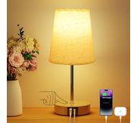 Suright Lampe de Chevet Tactile avec Ports de Charge USB-A + USB-C, 3 Niveaux de Luminosité, Abat-jour en Tissu, Base en Bois, Petite Lampe de Table pour Chambrer Salon (Ampoule Incluse)