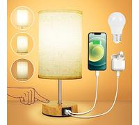Suright Lampe de Chevet Tactile avec Ports de Charge USB-A + USB-C, Intensité Variable 3 Voies, Abat-jour en Tissu de Lin, Base en Bois, Petite Lampe de Table pour Chambrer Salon (Ampoule Incluse)
