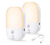 Suright Veilleuse Type-C Rechargeable, 2 Pack avec Détecteur de Mouvement et 5 Niveaux Luminosité, 3 Modes(AUTO/OFF/ON), Veilleuse Enfant pour Chambre, Escalier, Couloir, 2800K Blanc Chaud