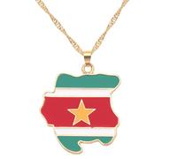 Surinam Carte Drapeau Pendentif Colliers - Émail Ethnique Hip Hop Charme Ras du Cou pour Femmes Hommes Clavicule Chaîne Chandail Chaîne Bijoux Cadeaux Accessoires, Jaune, Long