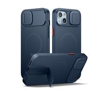 SURITCH Coque Magnétique Compatible avec iPhone 14 Plus/15 Plus, Coque de Protection avec Couvercle Coulissant pour Appareil Photo et Support réglable(Bleu foncé)
