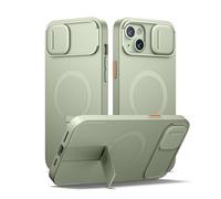SURITCH Coque Magnétique Compatible avec iPhone 14 Plus/15 Plus, Coque de Protection avec Couvercle Coulissant pour Appareil Photo et Support réglable(Vert)
