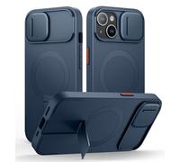 SURITCH Coque Magnétique Compatible avec iPhone 15, Coque de Protection avec Couvercle Coulissant pour Appareil Photo et Support réglable(Bleu foncé)