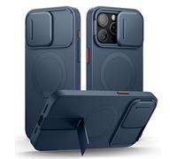 SURITCH Coque Magnétique Compatible avec iPhone 15 Pro Max, Coque de Protection avec Couvercle Coulissant pour Appareil Photo et Support réglable(Bleu foncé)