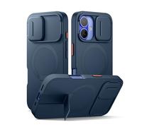 SURITCH Coque Magnétique Compatible avec iPhone 16, Coque de Protection avec Couvercle Coulissant pour Appareil Photo et Support réglable(Bleu foncé)
