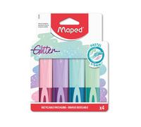 Maped - Surligneurs Paillettes x 4 - Pointe Biseautée 1 à 5mm - Lot de 4 Couleurs Pastel - Emballage Carton 100% Recyclable