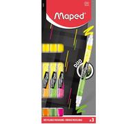 Maped - 3 Surligneurs Fluo Peps Duo - Stylos Fluo 2 en 1 avec Double Pointe - Confort d'Écriture sur Tous Types de Papier - Feutre Fluo Ergonomique Jaune + Vert + Rose + Orange