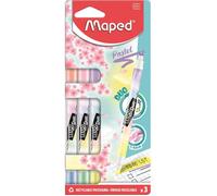 Maped - Surligneurs Fluo Duo x3 - 2 surligneurs en 1 - Coloris pastels assortis : orange, jaune, rose, bleu, violet et vert - Blister carton recyclable