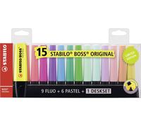 Surligneurs - STABILO BOSS ORIGINAL - Set de table de 15 pièces - 9 couleurs lumineuses, 6 couleurs pastel