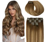 SURNEL Blonde Hair Extensions Clip in Human Hair Balayage Color 4 Chocolate Brown Mixed Blonde 6Pcs Straight Hair Clip in Extensions Human Hair 18inch 120g (C#/4/27/4,18'')