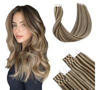 SURNEL Lot de 20 extensions de cheveux humains à bande adhésive, ne perdent pas de cheveux, ne s'emmêlent pas, couleur 4 marron moyen, surligné, 27, blond caramel, 50 g, 20 pièces, (ruban adhésif