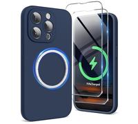SURPHY Coque Magnetique pour iPhone 15 Pro Max avec Verrre Trempé + Protections Cameras Antichoc, Étui Housse de Téléphone en Silicone Liquide pour iPhone 15 Pro Max 6,7 Pouces 2023, Storm Blue