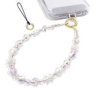 SURPHY Phone Charm, Sparkling Petal-Shaped Crystal Phone Charms with Tether Tab & Gold Buckle, Wrist Lanyard Beaded Bracelets for Women, Clear Pearl Cellphone Chain Wrist Strap, Glittering Crystals
