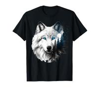Surreal Double Exposition Art Lune Forêt Oiseaux Yeux Glacés Loup T-Shirt