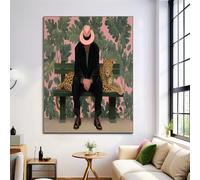 Surréalisme Impression sur Toile 120 x 80 cm, L'Homme Et Le Léopard Tableau Décoration Murale pour chambre, salon, salle de bain ou maison, Rose