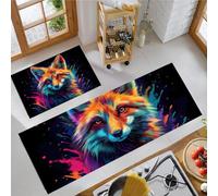 Surréalisme Lot de 2 Tapis de Cuisine Antidérapants,Portrait d'animal Renard Tapis de Sol Lavables Absorbant l'eau et l'huile Noir pour Couloir Salle à Manger Entrée et Porte - 44x70+44x120cm