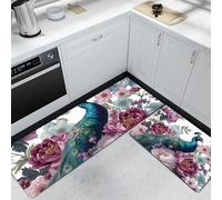 Surréalisme Tapis de Cuisine Set de 2, Pivoine Paon Tapis de Sol de Cuisine Lavables, Chemin Antidérapant pour l’entrée et Le Bureau 43x75cm+43x150cm, Bleu-Vert