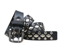 Surrycee Noir,125cm/waist:42"~44", Ceinture cloutée Punk à Rivets et Double œillets en Cuir véritable Noir, Style Gothique/Gothique/Punk Rock, pour Homme et Femme - 38 mm de Large
