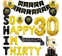 Sursurprise 30 décorations d’anniversaire noir et or - si heureux que je suis trente ballons gâteau Topper numéro 30 ballon feuille bannière joyeux anniversaire parler trente à moi ceinture pour