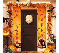 Sursurprise Bannière de porche pour chat noir, panneau de porche « Happy Halloween » pour porte d'entrée extérieure, décoration de cour, chat effrayant, chauve-souris, citrouille, fournitures de fête