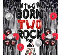 Sursurprise Born Two Rock - Décorations d'anniversaire Rock and Roll 2nd Birthday Party Supplies with Born Two Rock Balloon Banner Cake Topper Guitar Balloon Fringe Curtain for Rock Band Music Theme