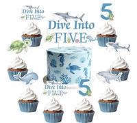 Sursurprise Décoration de gâteau d'anniversaire « Dive Into Five » - Fournitures de fête d'anniversaire pour 5e anniversaire - Océan - Avec 1 décoration de gâteau et 24 pics d'animaux marins - Thème