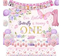 Sursurprise Décorations de 1er anniversaire papillon pour fille, « Our Sursurprise Little Butterfly Is Turning One » - Toile de fond pour gâteau, bannière, nappe, ballons, fournitures de fête