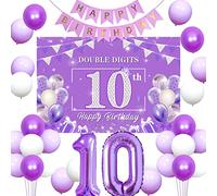 Sursurprise Décorations pour le 10ème anniversaire d'une fille violet, Double Digits Happy 10th Birthday Backdrop, Purple Happy Anniversary Banner,10th Birthday Supplies for Girl